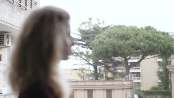 Defocused Portrait Young Pensive Woman Looking Out Window — Stock Video