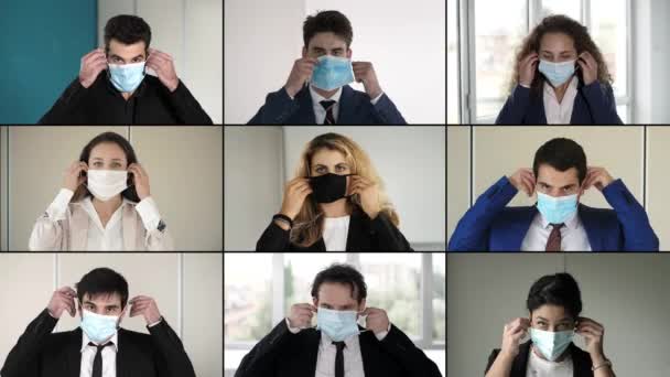 Work Time Covid Young Managers Wearing Surgical Mask Looking Camera — Stock Video