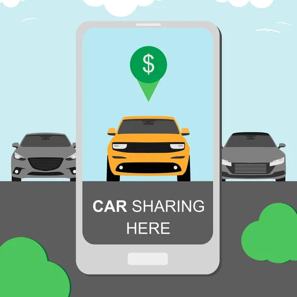 Concepto de carsharing. alquiler de coches y compartir banner con smartphone — Vector de stock