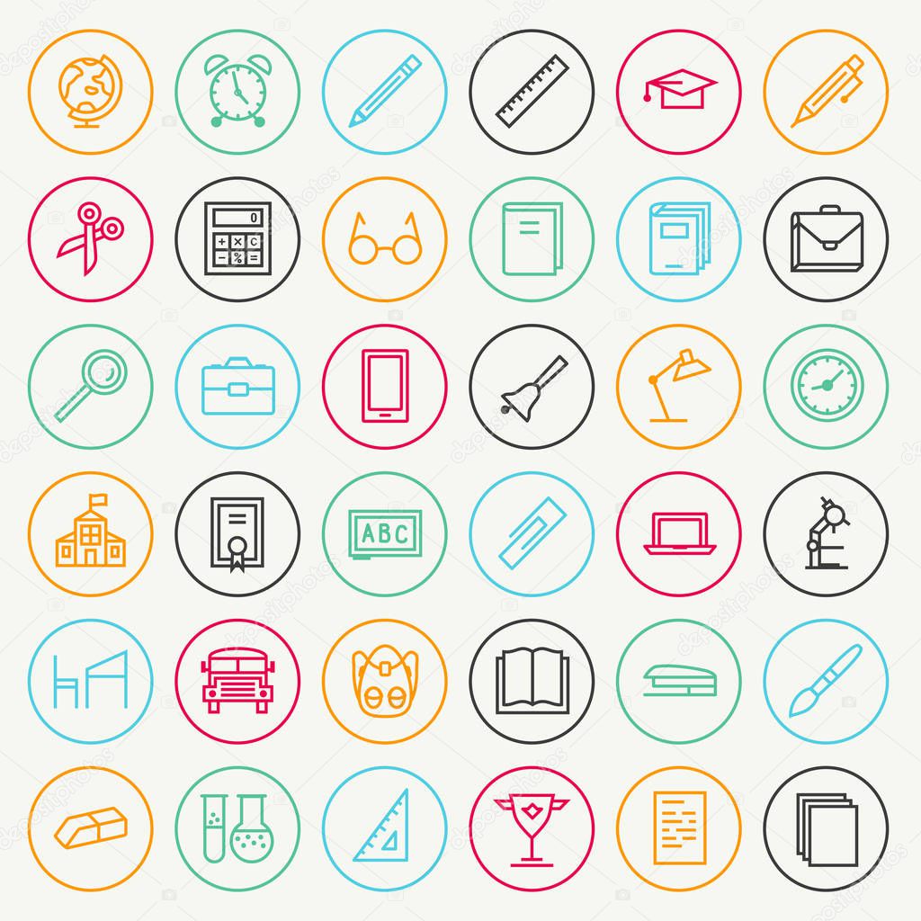 Vector school and education icon set line color style