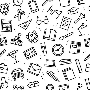 satır simgeler siyah renk okul malzemeleri ile seamless modeli eğitim