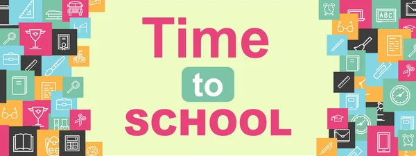 Temps vectoriel à la bannière de l'école avec des fournitures d'éducation de style coloré — Image vectorielle