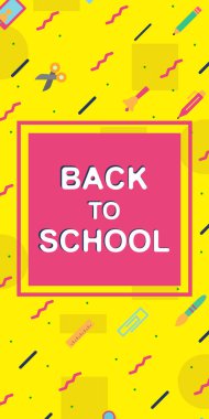 dikey afiş memphis renkli stil eğitim malzemeleri ile okula dönüş