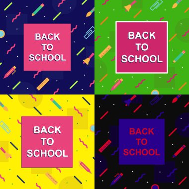 afiş kümesi memphis renkli stil eğitim malzemeleri ile okula geri vektör