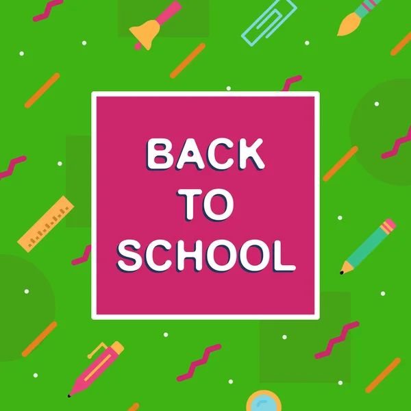 Retour à l'école couverture forme carrée memphis style coloré avec fournitures scolaires — Image vectorielle