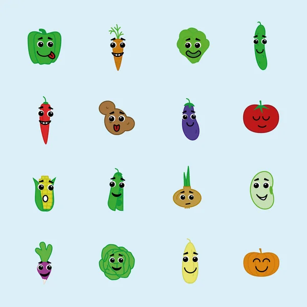 Vektor glücklich Gemüse-Symbol-Set mit Augen und Lächeln flachen Stil — Stockvektor