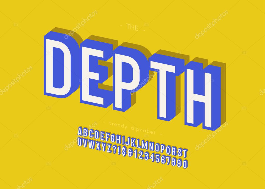 Vector depth colorful bold font 3d modern typography for logo, decoration, party poster, t shirt, book, greeting card, sale banner, printing on fabric. Cool alphabet. Trendy typeface. 10 eps