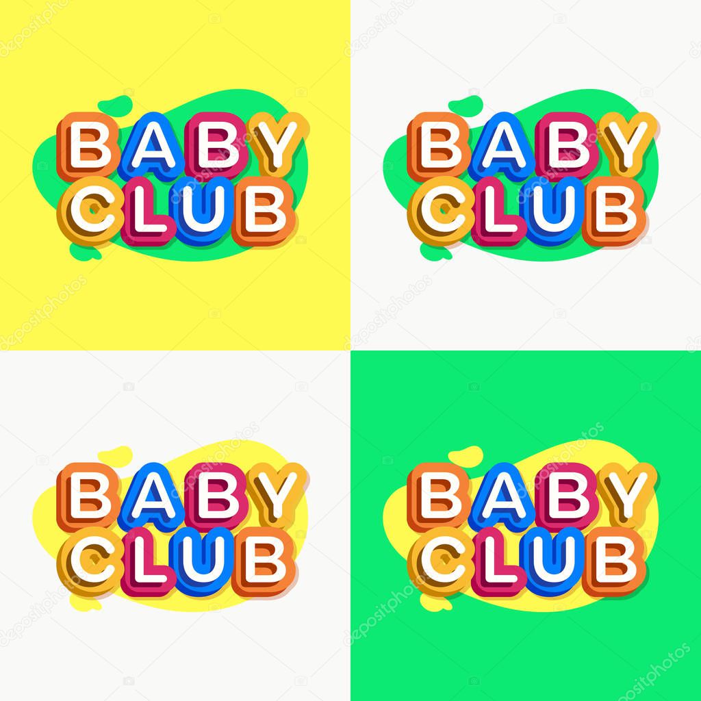 Vector baby club logo set colorful style for kids shop, game zone, children school, shoes and clothes company, toys shop, toy market, cafe, education club, kid store, firm, cartoon label. 10 eps