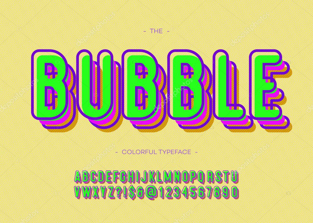 Vector bubble font trendy typography sans serif style for book, promotion, poster, decoration, t shirt, sale banner, printing on fabric. Cool 3d bold alphabet. Modern typeface. 10 eps