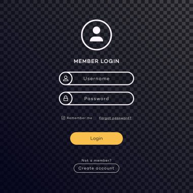 Oturum açma formu sayfası karanlık tema şeffaf arka plan üzerinde