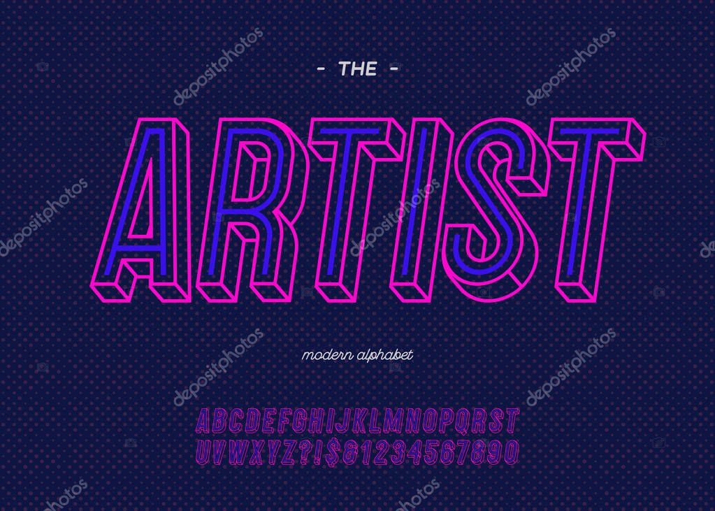 Vector bold neon artist font trendy typography color style for decoration, logo, party poster, t shirt, book, greeting card, sale banner, printing on fabric. Cool 3d typeface. Modern alphabet. 10 eps