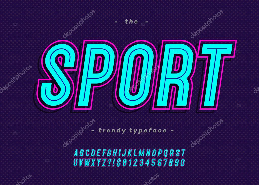 Vector bold neon sport alphabet modern typography sans serif style for t shirt, racing, game, promotion, poster, decoration, sale banner, printing on fabric. Cool font. Trendy typeface. 10 eps