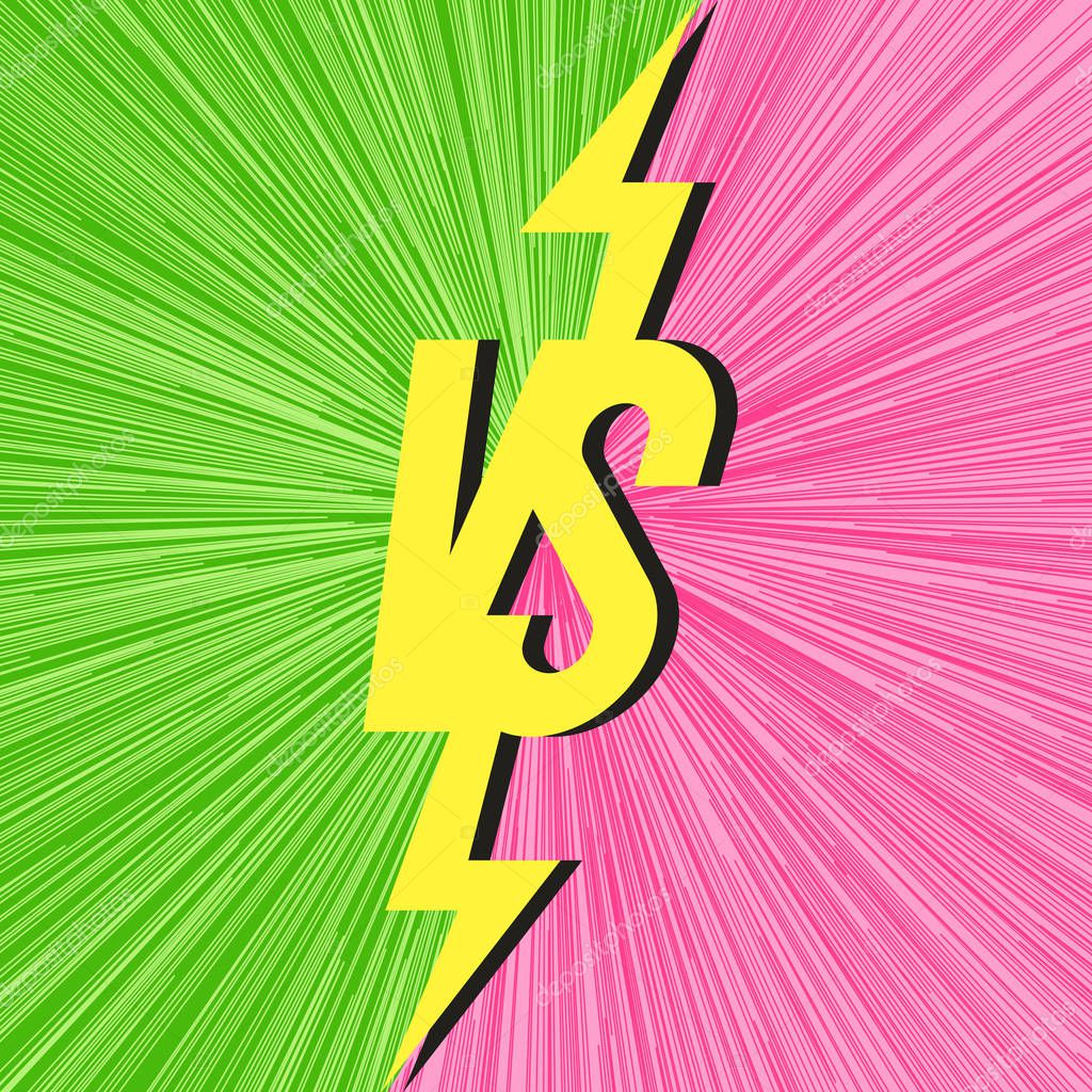 Vector versus banner with vs sign on trendy background green pink color for battle, sport, competition, contest, match game, announcement of two fighters. Modern VS concept. Vector 10 eps