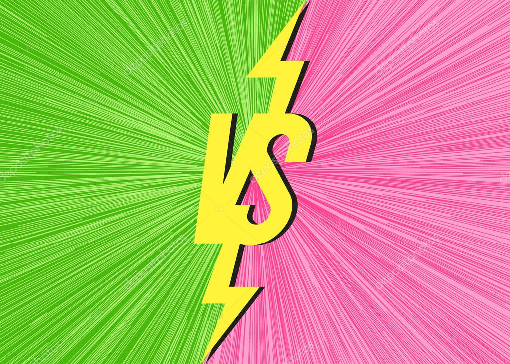 Vector versus banner with vs sign on modern background green pink color for battle, sport, competition, contest, match game, announcement of two fighters. Trendy VS concept. Vector 10 eps