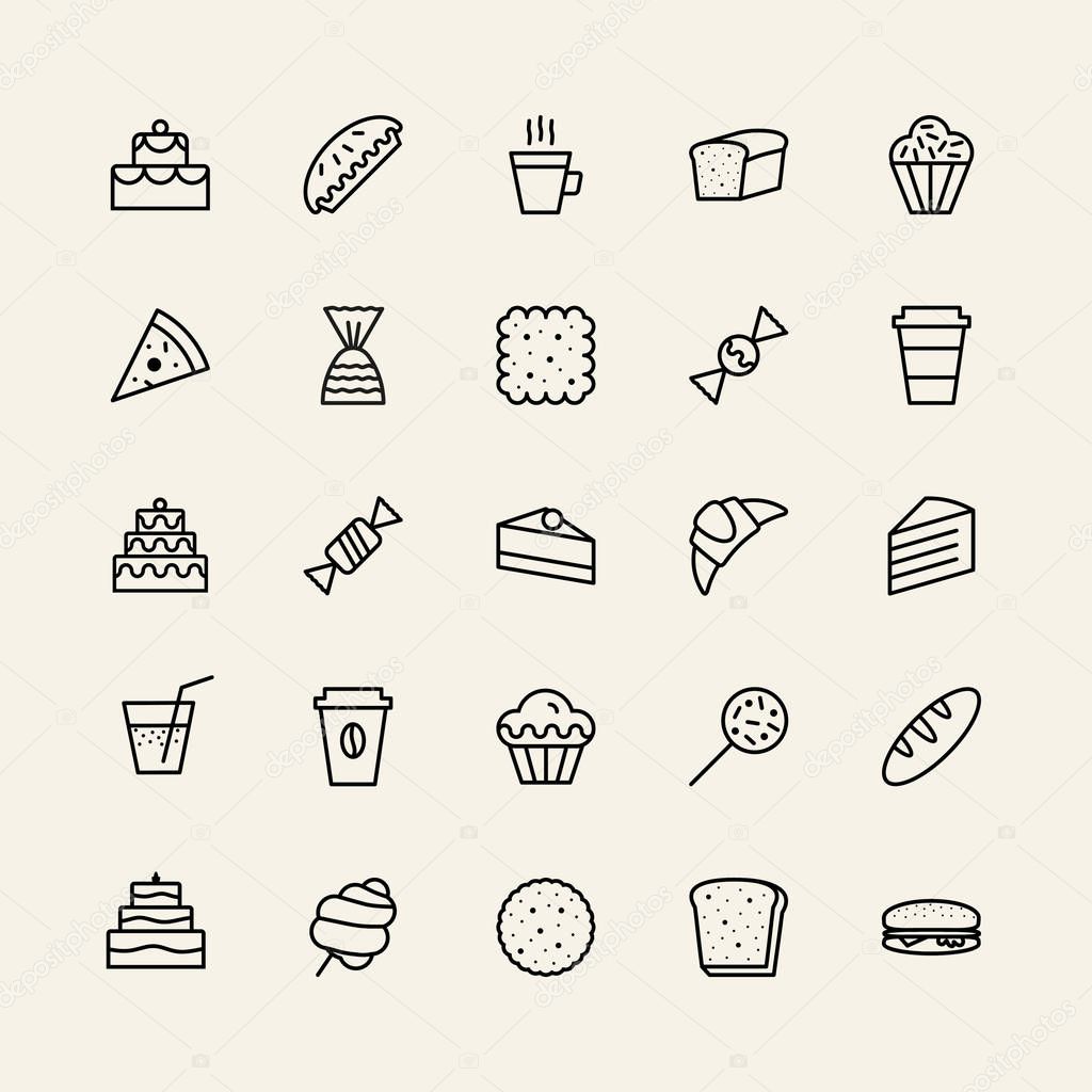Bakery simple icons set line style black color isolated on background with cake and dessert for logo, confectionery store, bakery shop, cafe, restaurant, sweet pattern, packaging paper. vector 10 eps