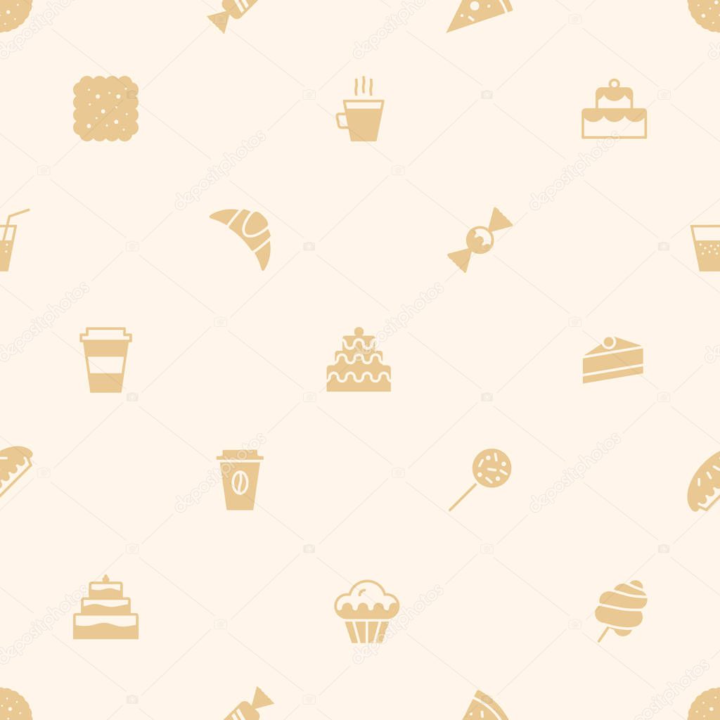 Bakery seamless pattern with dessert icons color flat style for cupcake, website, shop, cafe, restaurant, sweet, packaging wrapping paper. Baked background vector 10 eps