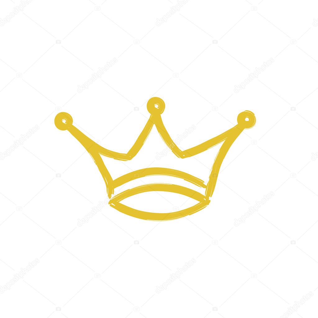 Hand drawn crown icon golden style isolated on white background for queen logo, princess diadem symbol, doodle illustration, pop art element, beauty and fashion shopping concept. vector 10 eps