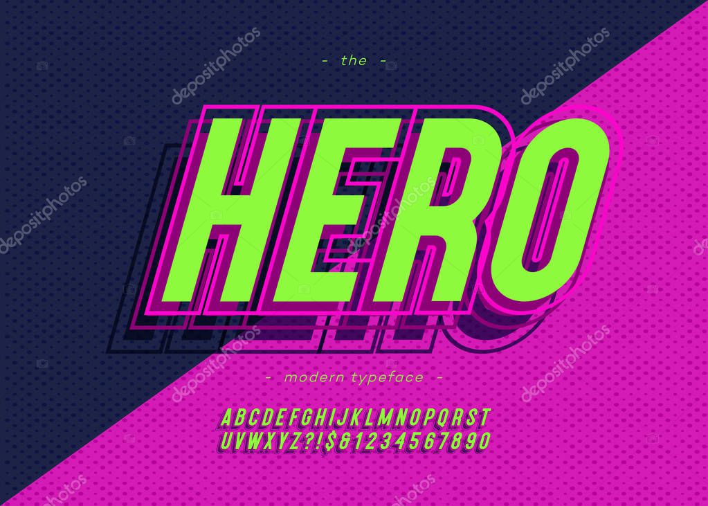 Vector bold hero font trendy typography color style for decoration, logo, party poster, t shirt, book, greeting card, sale banner, printing on fabric. Cool 3d typeface. Modern alphabet. 10 eps