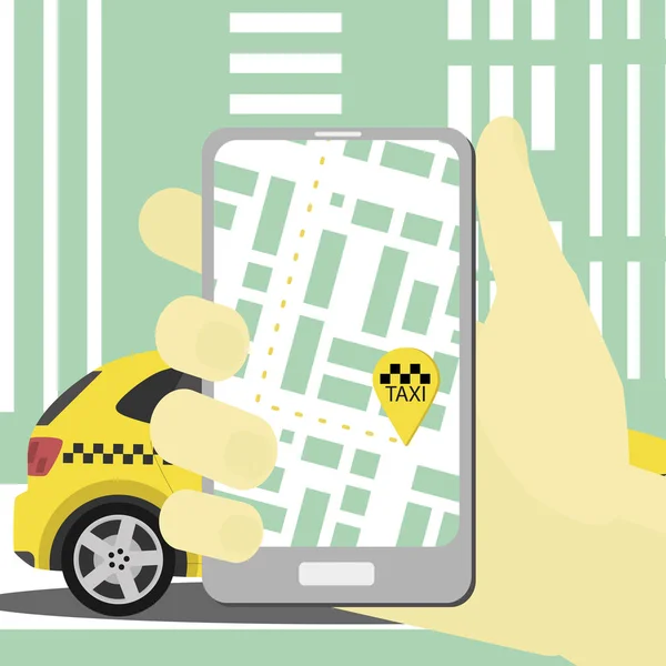 Concepto de servicio de taxi mano con aplicación para smartphone — Vector de stock