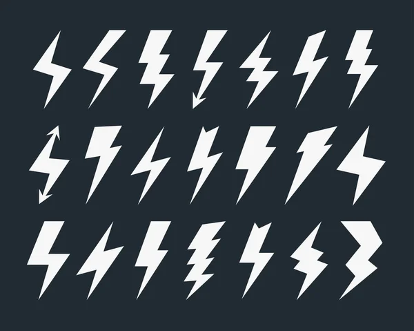稲妻のアイコンベクトルセットワイヤレス充電 電力記号 雷のロゴ 高電圧記号 ポスター Tシャツのために黒の背景に隔離フラットスタイル フラッシュライトサイン Eps — ストックベクタ