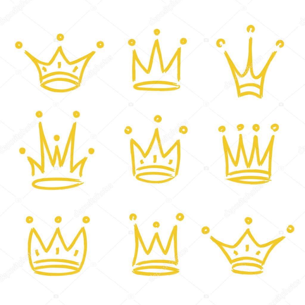 Gold crown icon set hand drawn style