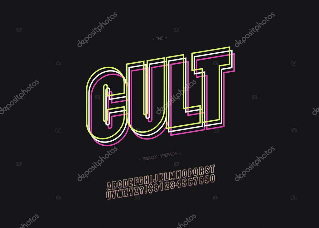 Vector cult alphabet bold line style modern typography for decoration, logo, poster, t shirt, card, sale banner, printing on fabric, industrial. Cool typeface. Trendy font. 10 eps
