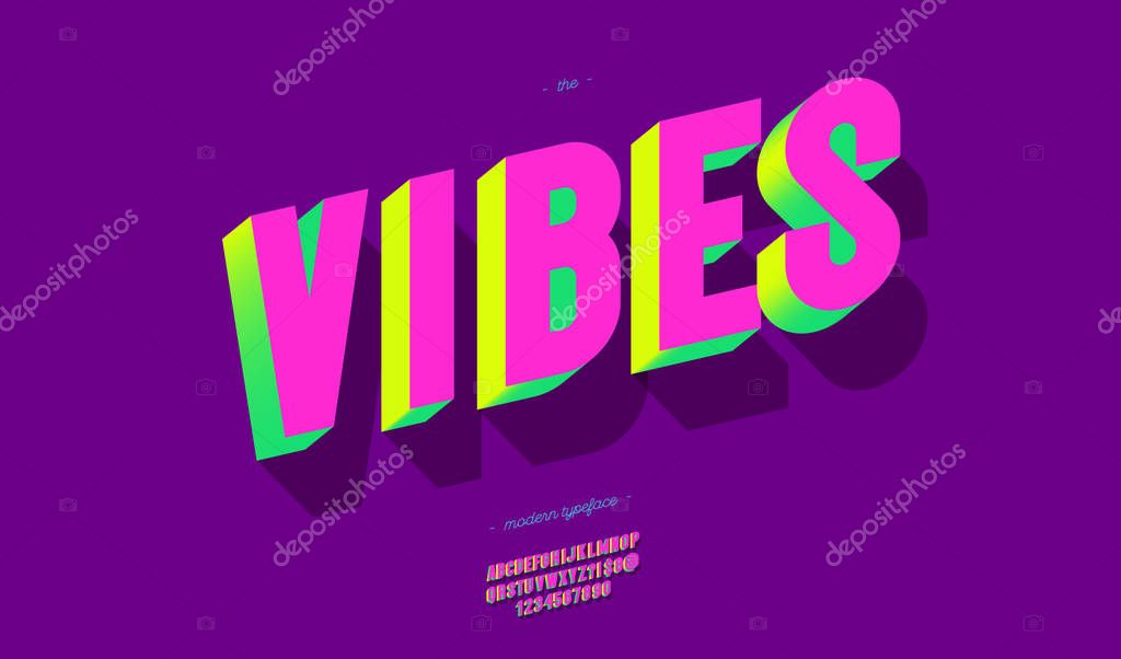 Vector vibes font 3d bold style modern typography for summer party poster, t shirt, flier, decoration, card, sale banner, printing on fabric, industrial. Cool typeface. Trendy alphabet. 10 eps