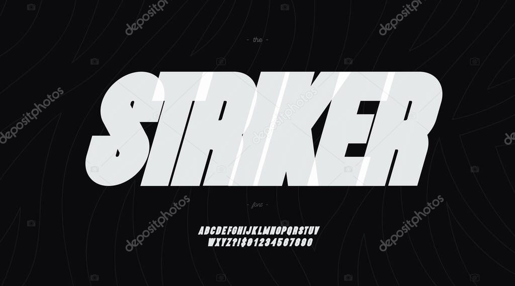 Vector striker font bold style modern typography for decoration, logo, poster, t shirt, book, card, sale banner, printing on fabric, industrial. Cool typeface. Trendy alphabet. 10 eps