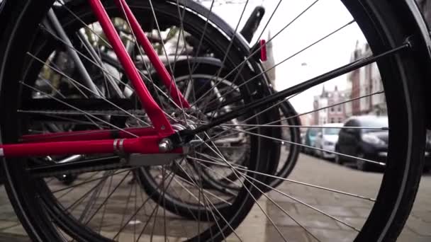 Cyklar parkering i Amsterdam.wheel närbild — Stockvideo