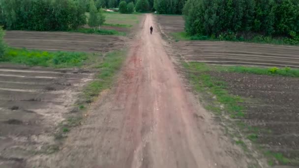 Tourné par derrière, la caméra suit l'homme à vélo sur un chemin de terre au coucher du soleil — Video