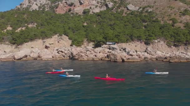 Wisatawan udara di kayak berlayar di laut melawan pantai berbatu — Stok Video