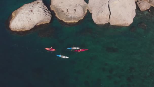 Denizi kayalık sahil karşı üzerinde kayaklar üzerinde hava turist yelken — Stok video