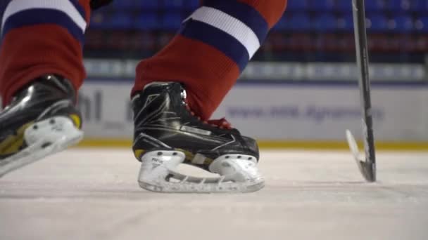 Hockey sur glace. Le joueur de hockey accélère sur la glace avant la caméra au ralenti — Video