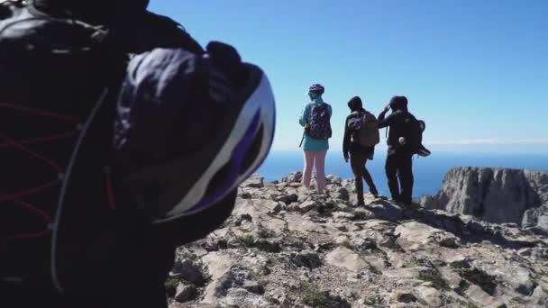 Touristen nähern sich auf dem Gipfel des Berges und blicken auf das darunter liegende Meer, Rückansicht — Stockvideo