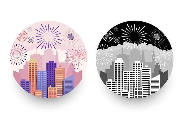 Modern şehir manzaraları ve havai fişek yuvarlak rozetleri