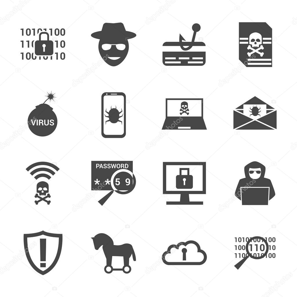 Cyber crime and attack icons set