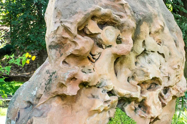 Камень Большой Старый Интересным Дизайном Лежит Зеленой Траве — стоковое фото