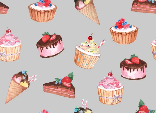 水彩无缝图案的糖果 彩色背景下的蛋糕水彩图画 水彩背景 — 图库照片