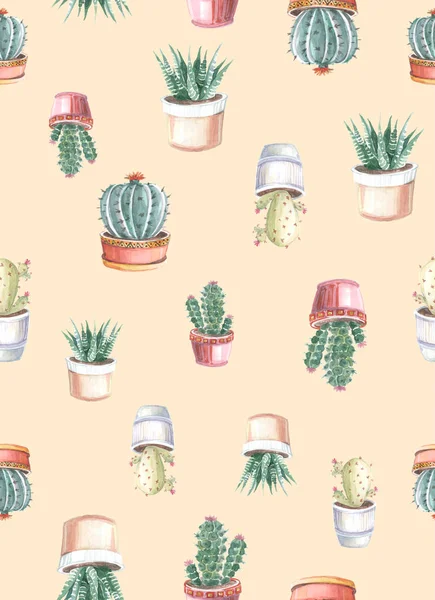 watercolor seamless pattern of cacti and succulents. watercolor drawings of plants on a colored background. watercolor background
