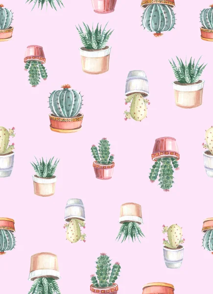 Acquerello Modello Senza Soluzione Continuità Cactus Succulente Disegni Acquerello Piante — Foto Stock