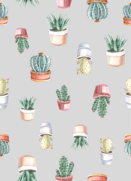 watercolor seamless pattern of cacti and succulents. watercolor drawings of plants on a colored background. watercolor background