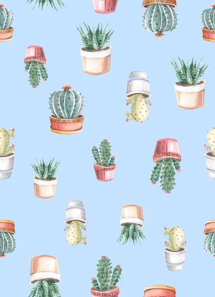 kaktüsler ve succulents suluboya seamless modeli. suluboya çizimler renkli bir arka plan üzerinde bitkilerin. suluboya arka plan