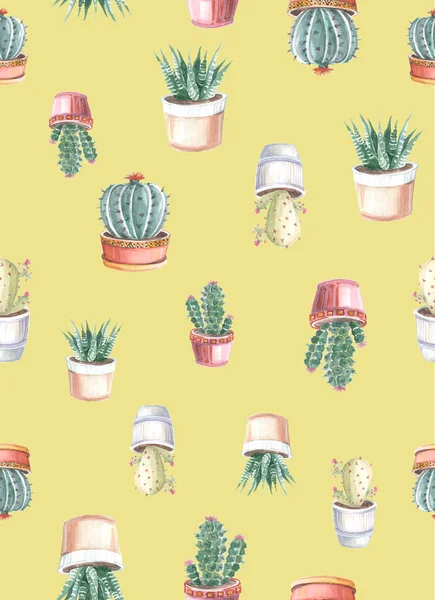 watercolor seamless pattern of cacti and succulents. watercolor drawings of plants on a colored background. watercolor background