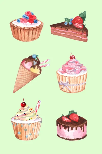菓子の水彩のシームレスなパターン 色付きの背景にケーキの水彩画 水彩画背景 — ストック写真
