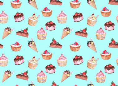 şekerleme suluboya seamless modeli. suluboya çizimler renkli bir arka plan üzerinde kek. suluboya arka plan