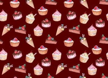 şekerleme suluboya seamless modeli. suluboya çizimler renkli bir arka plan üzerinde kek. suluboya arka plan