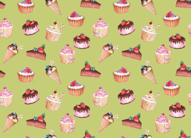 şekerleme suluboya seamless modeli. suluboya çizimler renkli bir arka plan üzerinde kek. suluboya arka plan