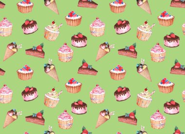 şekerleme suluboya seamless modeli. suluboya çizimler renkli bir arka plan üzerinde kek. suluboya arka plan