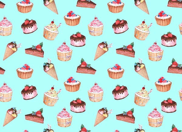 菓子の水彩のシームレスなパターン 色付きの背景にケーキの水彩画 水彩画背景 — ストック写真