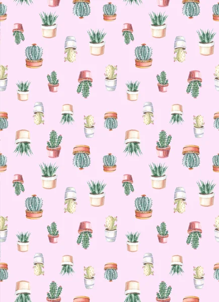 Acquerello Modello Senza Soluzione Continuità Cactus Succulente Disegni Acquerello Piante — Foto Stock